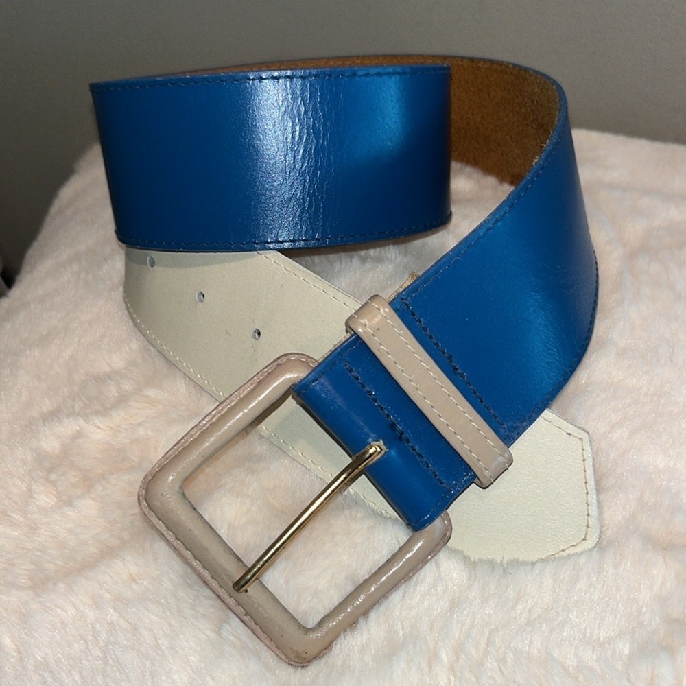 Vintage blue tan leather statement belt Alfred Sung nautical preppy coastal m